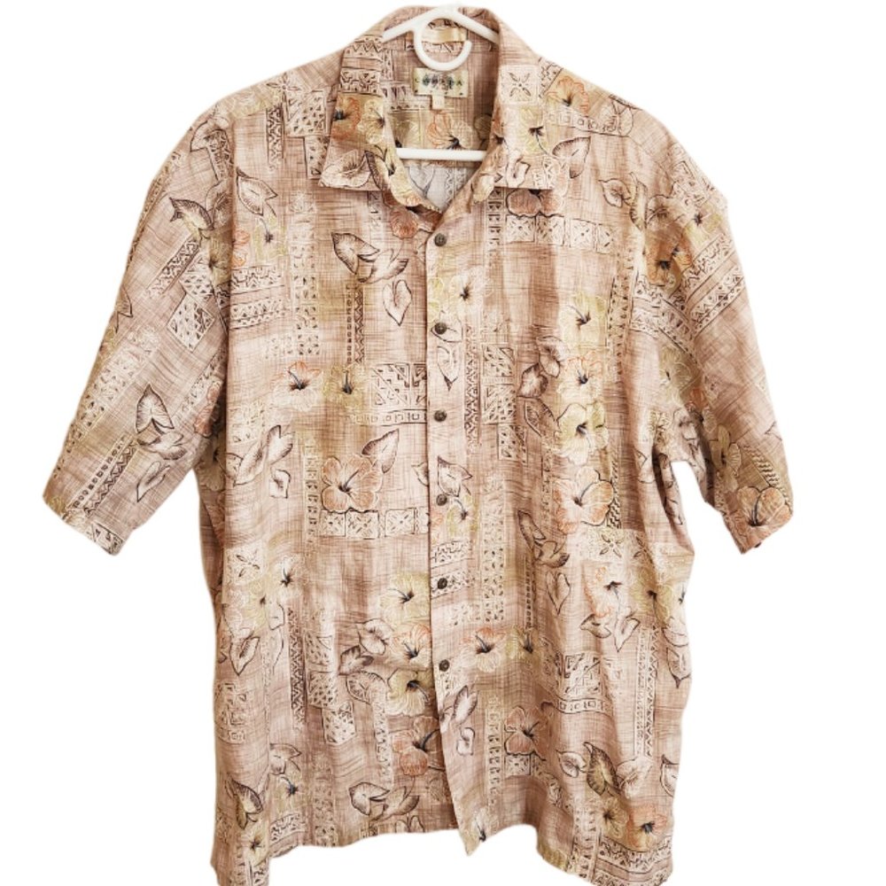Campia Moda 100% Cotton Men's Tan Tropical Print Short Sleeved Shirt Size XXL